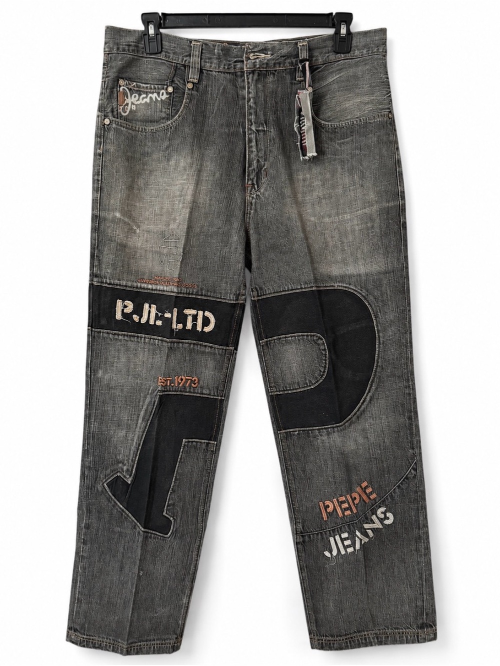 RARE Pepe Jeans London UK-73 Graphic Patchwork Gray Denim Jeans Men’s Y2K 36x33